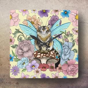 Whimsical Pastel Tabby Fairy Cat Floral Fantasy Square Wall Clock