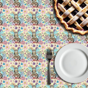 Whimsical Pastel Tabby Fairy Cat Floral Fantasy  Tablecloth