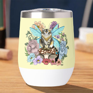 Whimsical Pastel Tabby Fairy Cat Floral Fantasy  Thermal Wine Tumbler