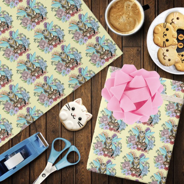 Whimsical Pastel Tabby Fairy Cat Floral Fantasy  Wrapping Paper (Creator Uploaded)