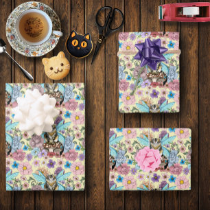 Whimsical Pastel Tabby Fairy Cat Floral Fantasy Wrapping Paper Sheets