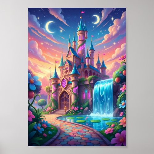 Whimsical Pastel Twin Moon Castle Waterfall Poster