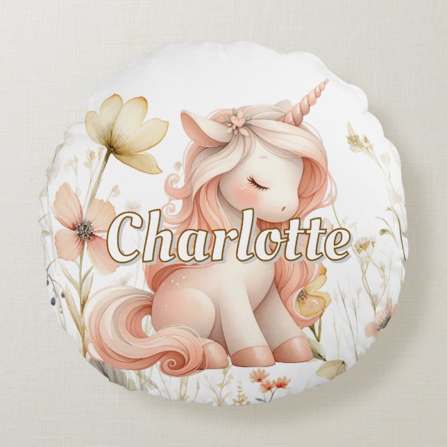 Whimsical pastel unicorn wildflower round pillow (Front)