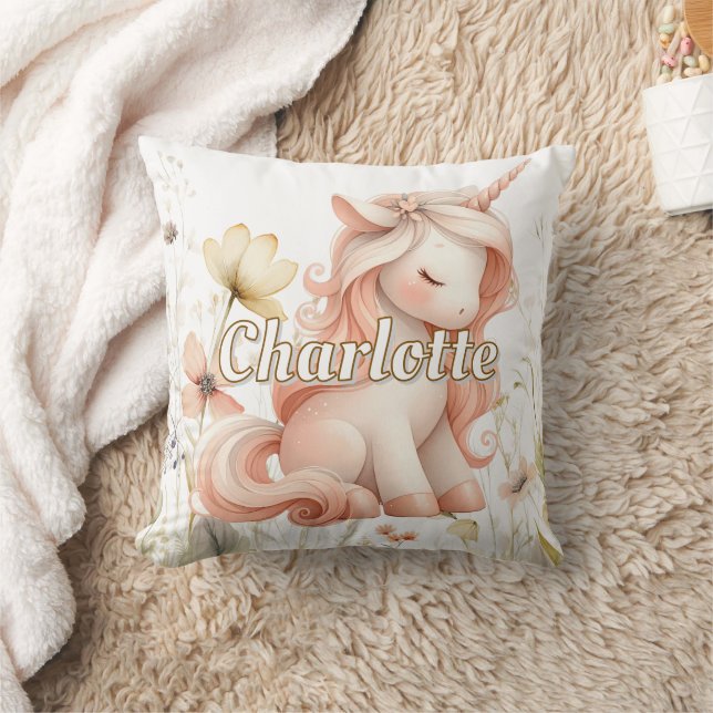 Whimsical pastel unicorn wildflower throw pillow (Blanket)