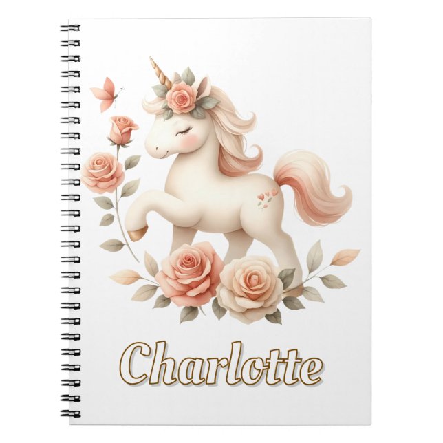 Whimsical pastel unicorn with roses notebook (Front)