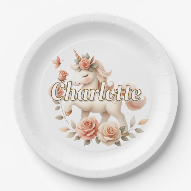 Whimsical pastel unicorn with roses paper plates (Front)