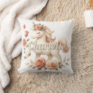 Whimsical pastel unicorn with roses throw pillow