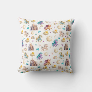 Whimsical Pastel Unicorns and Castles Fantasy Throw Pillow
