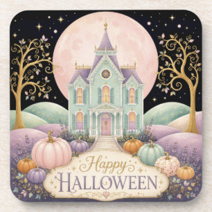 Whimsical Pastel Victorian Haunted House Halloween Beverage Coaster