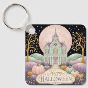Whimsical Pastel Victorian Haunted House Halloween Keychain