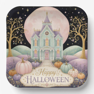 Whimsical Pastel Victorian Haunted House Halloween Paper Plates
