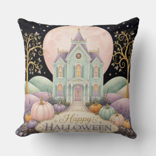 Whimsical Pastel Victorian Haunted House Halloween Throw Pillow