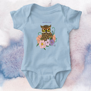 Whimsical Pastel Vintage Owl Flowers Spring Blue Baby Bodysuit
