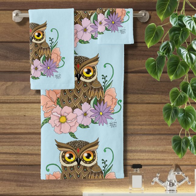 Whimsical Pastel Vintage Owl Flowers Spring Blue Bath Towel Set (Creator Uploaded)