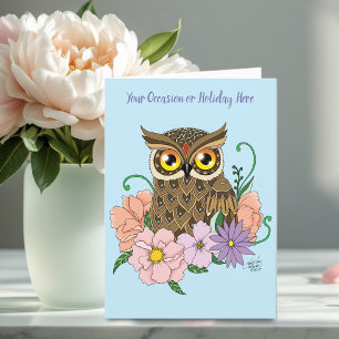 Whimsical Pastel Vintage Owl Flowers Spring Blue Card