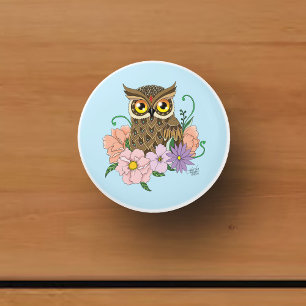 Whimsical Pastel Vintage Owl Flowers Spring Blue Ceramic Knob