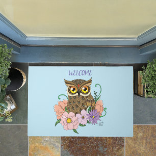 Whimsical Pastel Vintage Owl Flowers Spring Blue Doormat