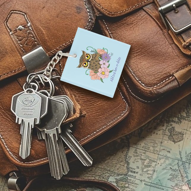 Whimsical Pastel Vintage Owl Flowers Spring Blue Keychain (Creator Uploaded)