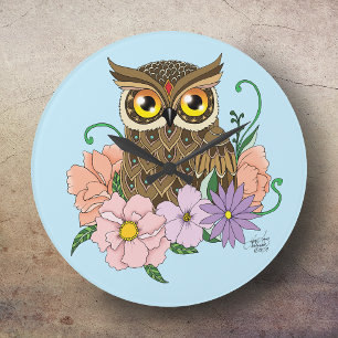 Whimsical Pastel Vintage Owl Flowers Spring Blue Large Clock