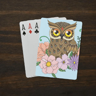 Whimsical Pastel Vintage Owl Flowers Spring Blue Poker Cards