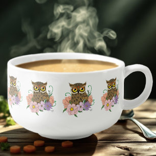 Whimsical Pastel Vintage Owl Flowers Spring Blue Soup Mug
