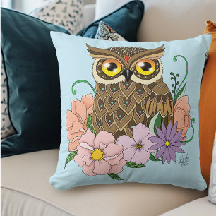 Whimsical Pastel Vintage Owl Flowers Spring Blue Throw Pillow