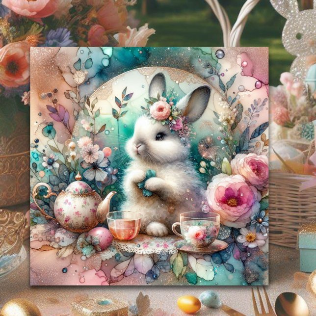 Whimsical Pastel Watercolor Bunny Tea Easter Holiday Card (Creator Uploaded)