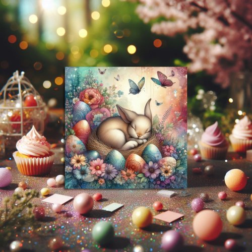 Whimsical Pastel Watercolor Easter Egg Nest Bunny  Holiday Card