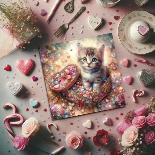 Whimsical Pastel Watercolor Tabby Kitten Valentine Holiday Card