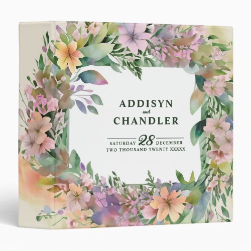 Whimsical Pastel Watercolor Wildflower Wedding 3 Ring Binder