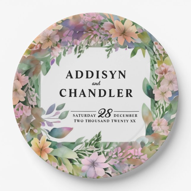 Whimsical Pastel Watercolor Wildflower Wedding Paper Plates (Front)