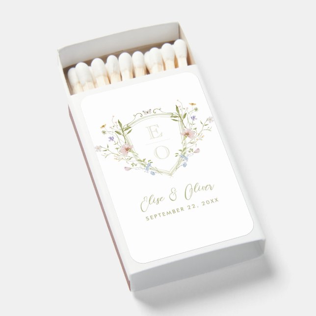 Whimsical Pastel Wildflower Crest Wedding Matchboxes (Front Open)