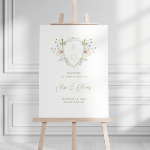 Whimsical Pastel Wildflower Crest Wedding Welcome Foam Board
