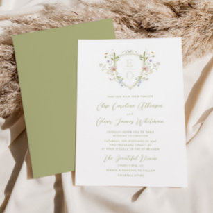 Whimsical Pastel Wildflower Monogram Crest Wedding Invitation