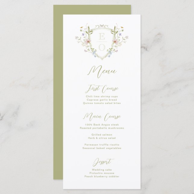 Whimsical Pastel Wildflower Monogram Crest Wedding Menu (Front/Back)