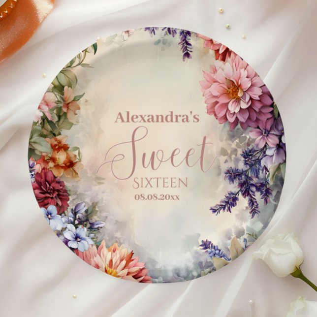 Whimsical Pastel Wildflowers Sweet 16 Paper Plates (Creator Uploaded)