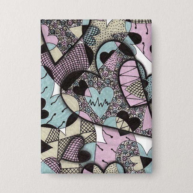 Whimsical Pastel Zentangle Hearts Doodle Pattern B Button (Front)
