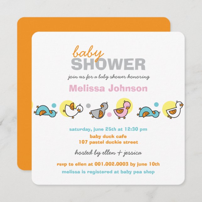 Whimsical Pastels Ducks Neutral Baby Shower Invite (Front/Back)
