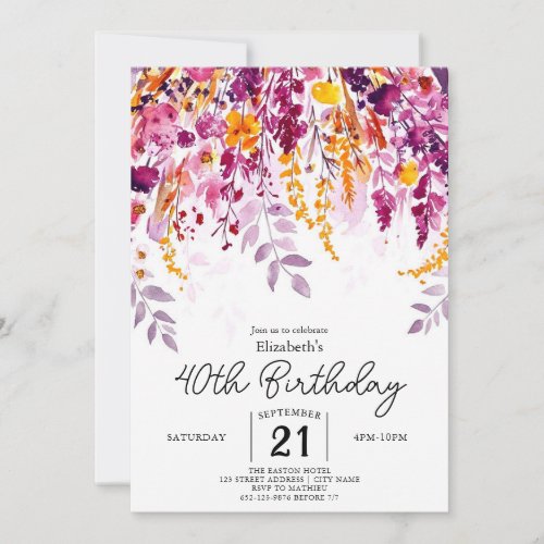 Whimsical Pastels Wildflowers 40th birthday  Invitation