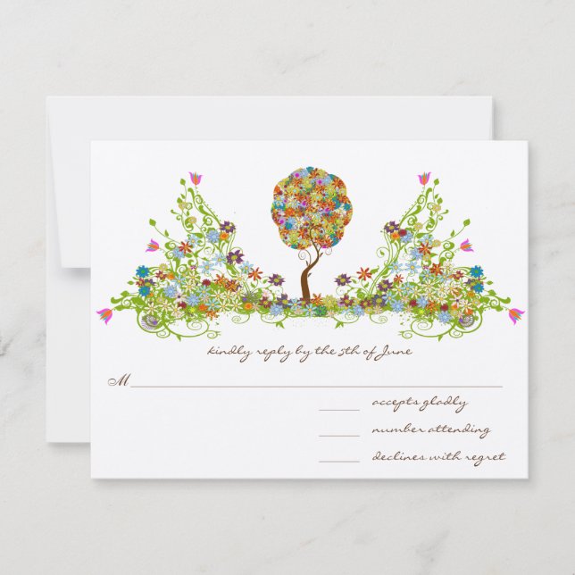 Whimsical Patchwoork Flower Tree Wedding RSVP Card (Front)