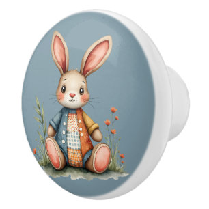 Whimsical Patchwork Bunny Cottagecore Woodland Ceramic Knob