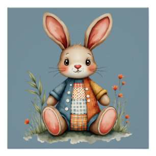 Whimsical Patchwork Bunny Cottagecore Woodland Poster