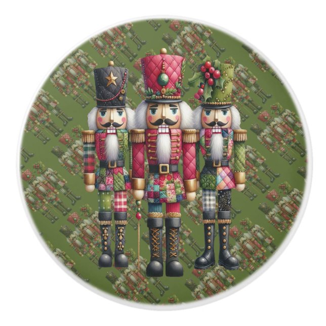 Whimsical Patchwork Christmas Nutcracker Trio Ceramic Knob (Front)