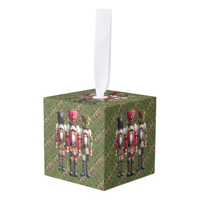 Whimsical Patchwork Christmas Nutcracker Trio Cube Ornament (Front Angled)