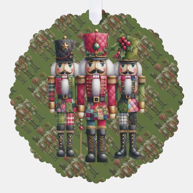 Whimsical Patchwork Christmas Nutcracker Trio Ornament Card (Front)