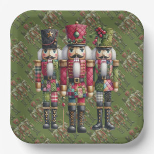 Whimsical Patchwork Christmas Nutcracker Trio Paper Plates