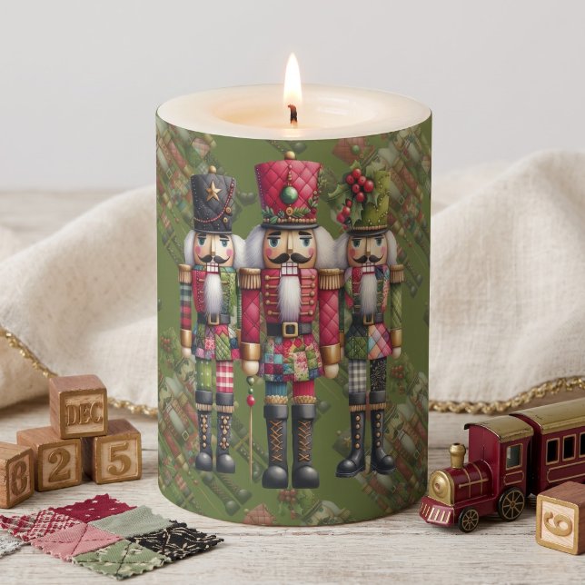 Whimsical Patchwork Christmas Nutcracker Trio Pillar Candle (Whimsical Patchwork Christmas Nutcracker Trio Pillar Candle)