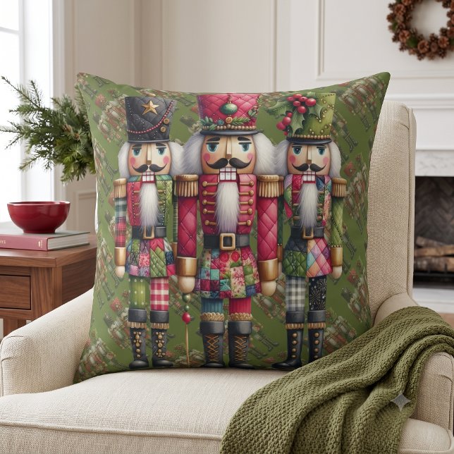 Whimsical Patchwork Christmas Nutcracker Trio Throw Pillow (Whimsical Patchwork Christmas Nutcracker Trio Throw Pillow)