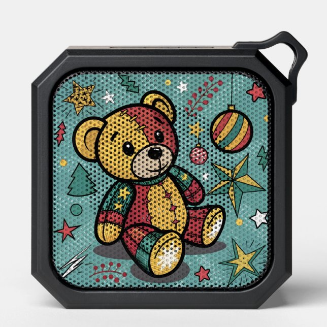 Whimsical Patchwork Christmas Teddy Bear Bluetooth Speaker (Front)