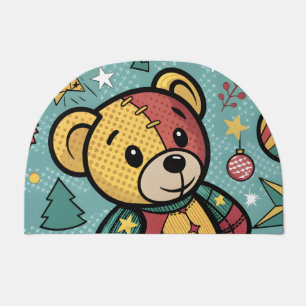 Whimsical Patchwork Christmas Teddy Bear Doormat